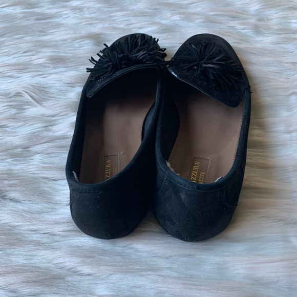 Aquazzura Suede Fringed Pom Loafers - Black - Picture 6 of 9